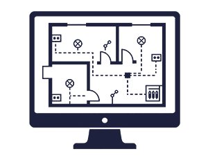 Flaticon Leistungen mit CAD und Elektroplanung Flaticon für Leistungen mit modernem Monitor, CAD-Grundriss und Symbolen der Elektroplanung