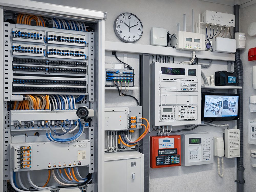 Informationstechnik mit Netzwerk- und Steuerungstechnik Technischer Schaltschrank mit Netzwerkverkabelung, Steuerungstechnik und Komponenten der Informationstechnik